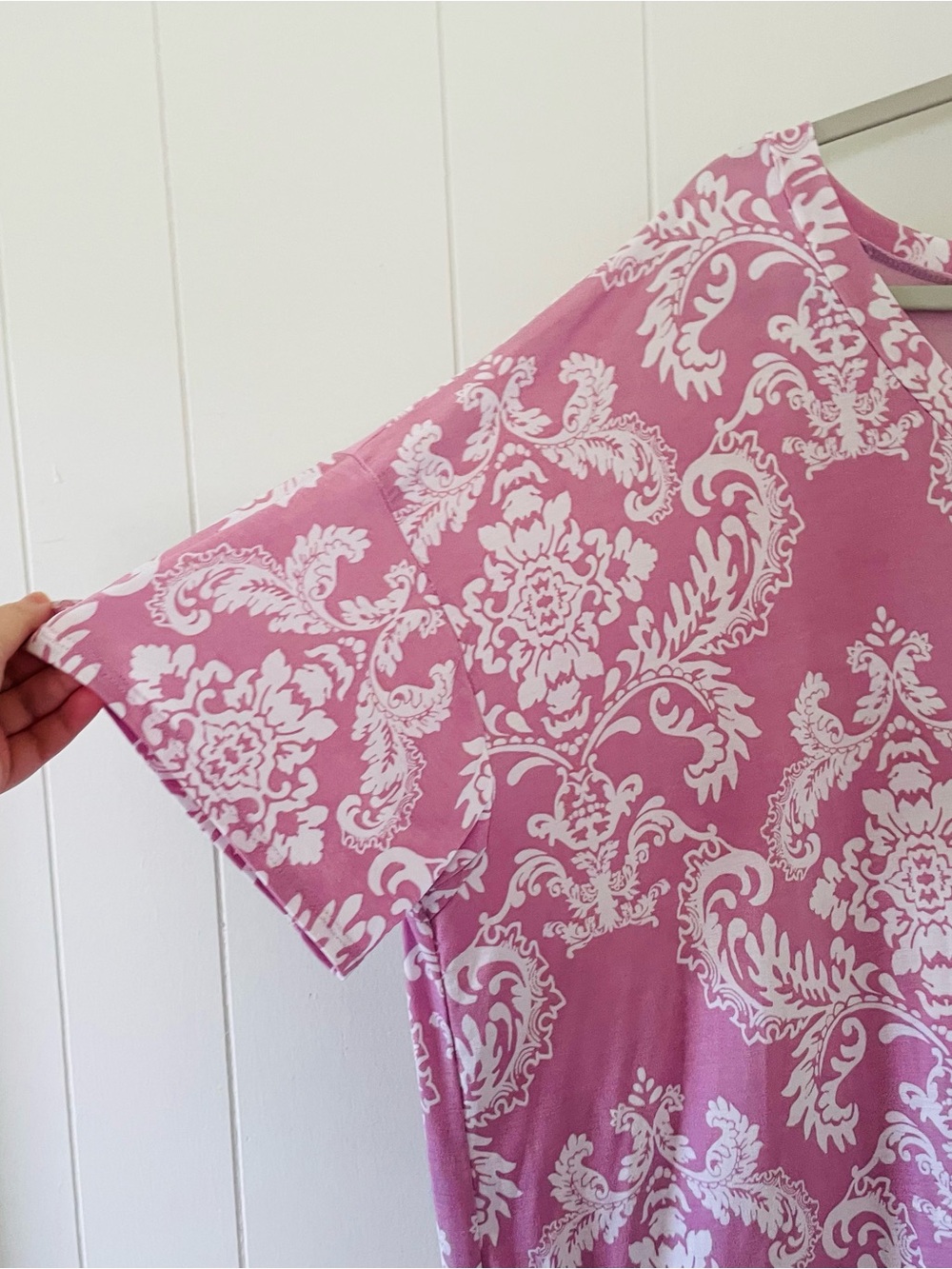 Women's Pink Damask V-Neck Pocket Tee - Picture 5 of 8